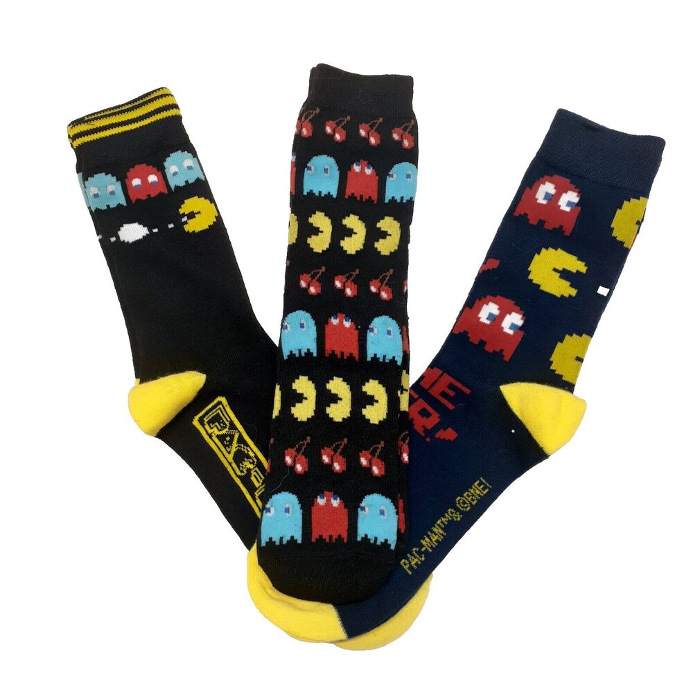 PAC-MAN Video Game Mens Sz 6-12 3 Pair Multicolor Crew Socks NWOT Retro